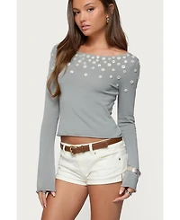 Edikted Womens Iridescent Button Boat Neck Top