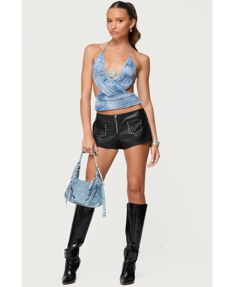 Edikted Womens Crossover Backless Printed Mesh Top