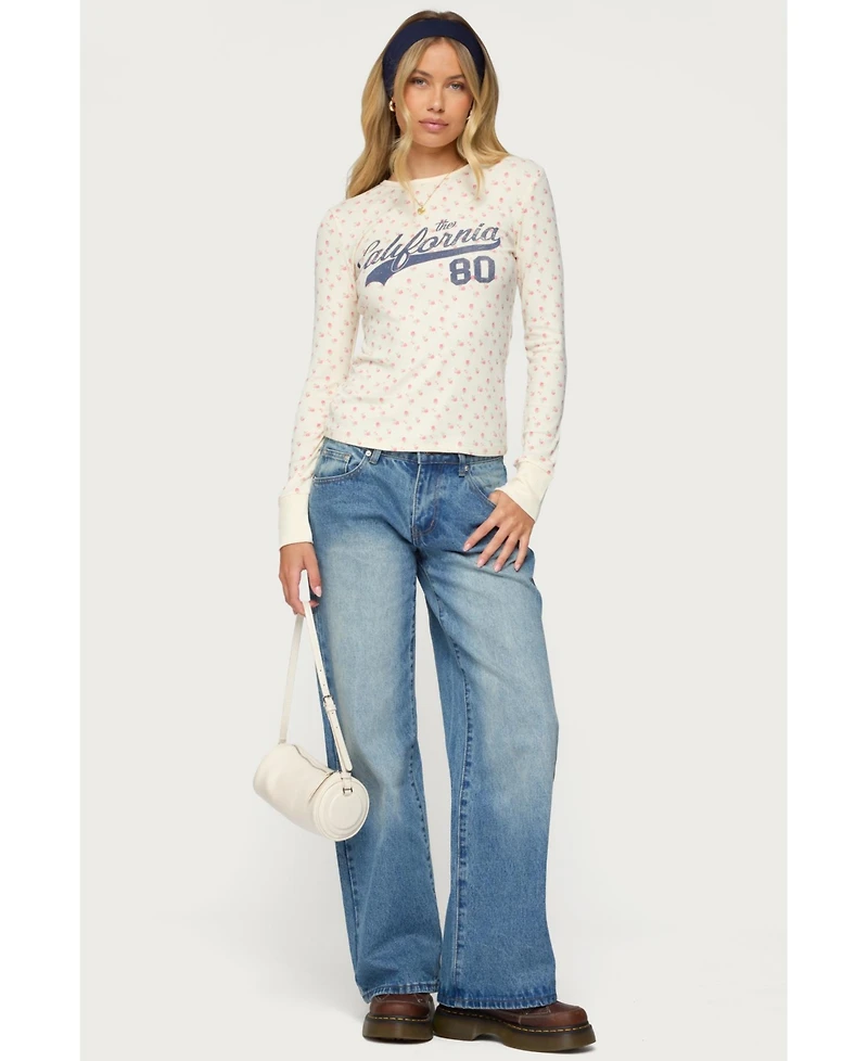Edikted Womens Cali Floral Ribbed Long Sleeve T Shirt