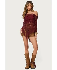 Edikted Women's Fringe Sequin Crochet Poncho