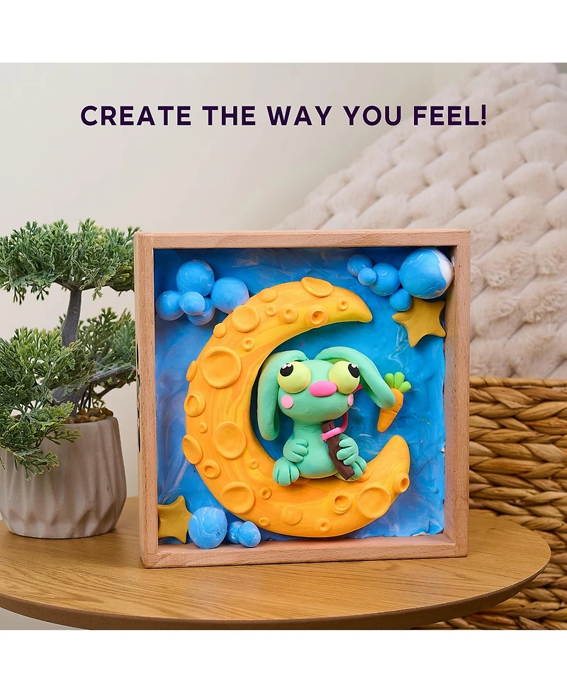 Wise Elk Okto Little Worlds - Bunny on the Moon - Foam Air-Dry Clay Wooden Art Kit (8.3" Square)