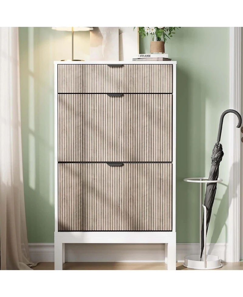 gaomon Shoe Storage Cabinet with 2 Flip Drawers, Entrance Wooden Shoe Rack with Iron Legs,Farmhouse Fluted Shoe Organizer for Entryway,Hallway,Foyer(W
