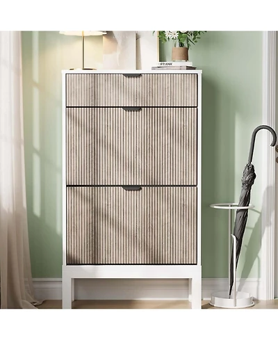 gaomon Shoe Storage Cabinet with 2 Flip Drawers, Entrance Wooden Shoe Rack with Iron Legs,Farmhouse Fluted Shoe Organizer for Entryway,Hallway,Foyer(W
