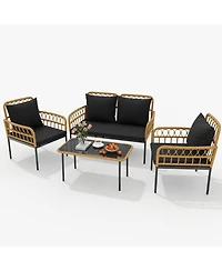 4 Pieces Patio Furniture Sets Wicker Outdoor Patio Table and Chairs Set with Glass Side Table, Loveseat Chairs, Boho Rattan Conversation Sets for Bist