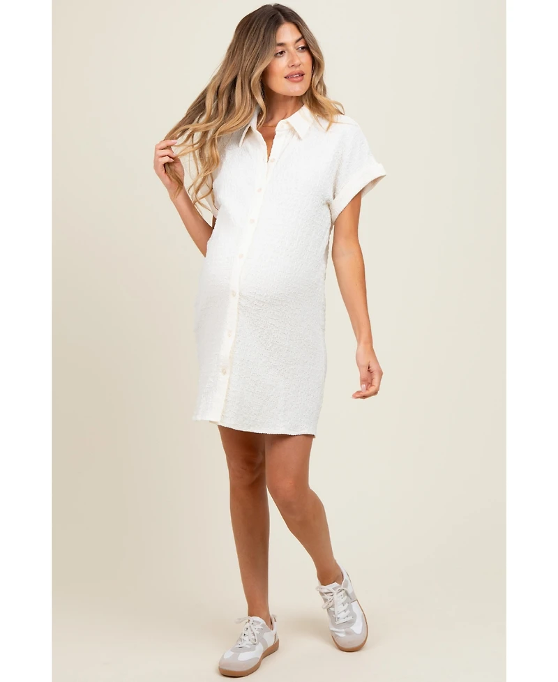 Pinkblush Ivory Textured Short Sleeve Button Down Maternity Shirt Dress