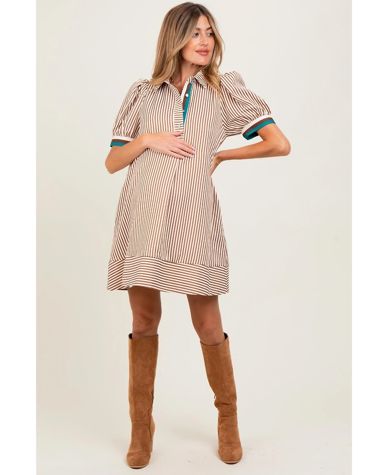 Pinkblush Camel Striped Puff Sleeve Maternity Mini Shirt Dress