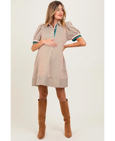 Pinkblush Camel Striped Puff Sleeve Maternity Mini Shirt Dress
