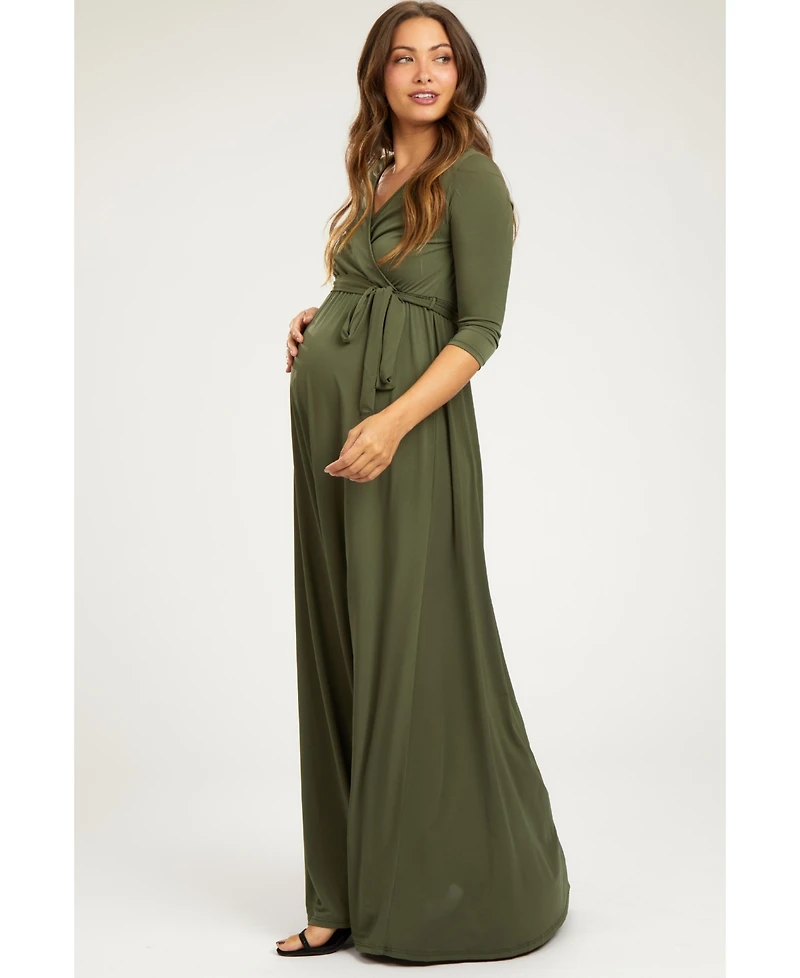 Pinkblush Maternity Olive Green Draped 3/4 Sleeve Maxi Dress