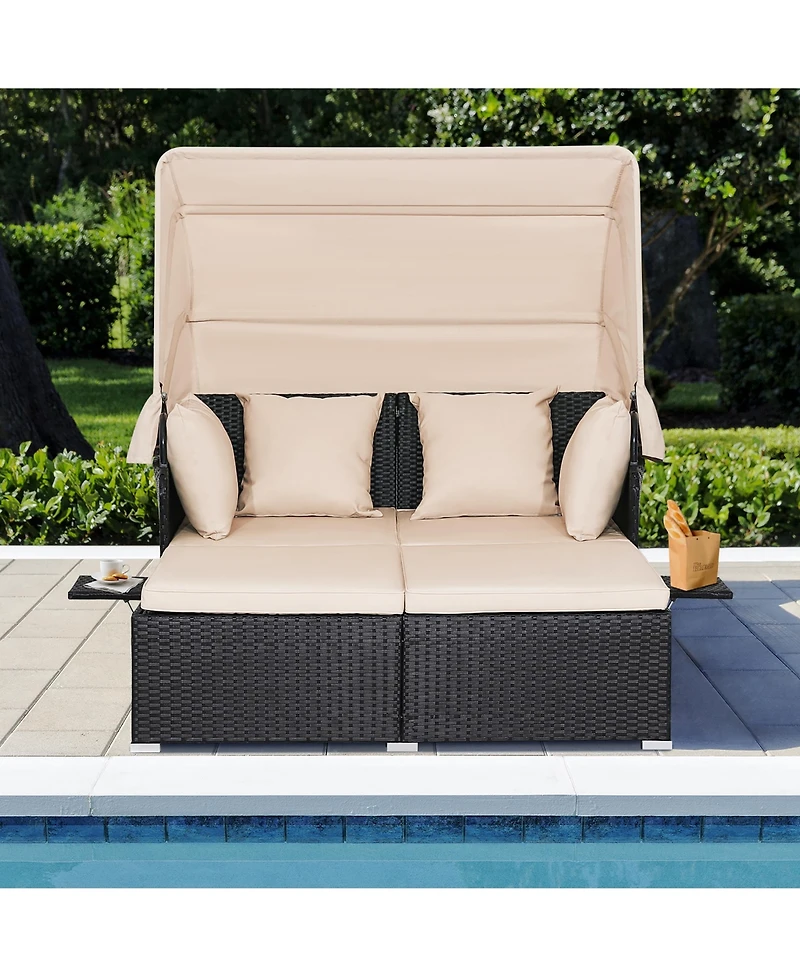Gymax Patio Rattan Daybed Lounge Retractable Top Canopy Side Tables Cushions