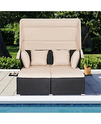 Gymax Patio Rattan Daybed Lounge Retractable Top Canopy Side Tables Cushions