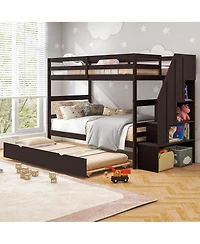 Gymax Twin over Wooden Bunk Bed w/ Trundle Storage Stairs Convertible
