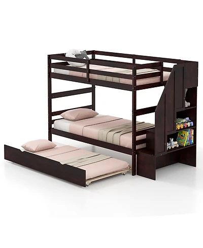 Gymax Twin over Wooden Bunk Bed w/ Trundle Storage Stairs Convertible