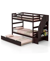Gymax Twin over Wooden Bunk Bed w/ Trundle Storage Stairs Convertible