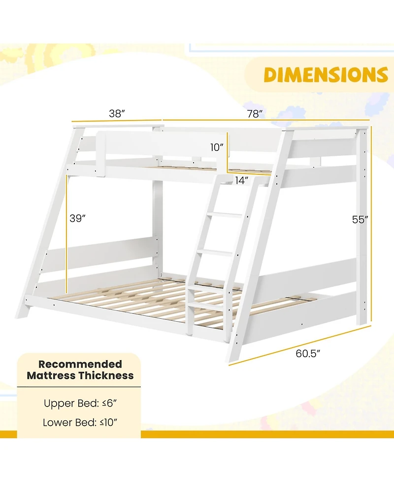 Gymax Twin Over Full Low Bunk Bed Solid Wooden Floor w/ Reversible Ladder White