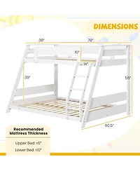 Gymax Twin Over Full Low Bunk Bed Solid Wooden Floor w/ Reversible Ladder White