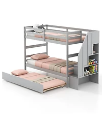 Gymax Twin over Wooden Bunk Bed w/ Trundle Storage Stairs Convertible