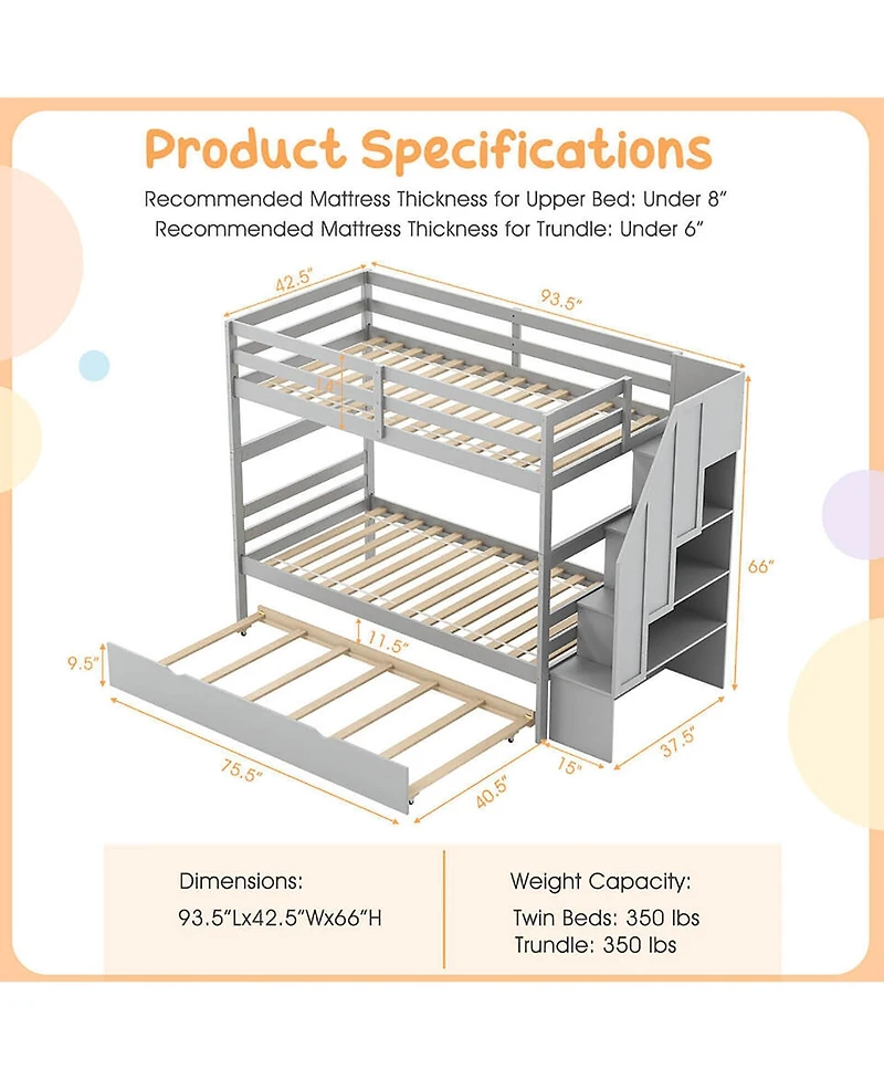 Gymax Twin over Wooden Bunk Bed w/ Trundle Storage Stairs Convertible