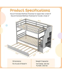 Gymax Twin over Wooden Bunk Bed w/ Trundle Storage Stairs Convertible