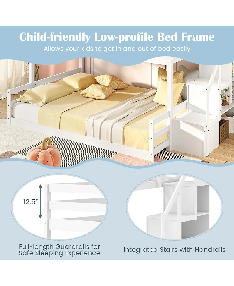 Gymax Twin Over Full Low Bunk Bed w/ Storage Stairs w/ Full-length Guardrails