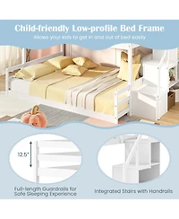 Gymax Twin Over Full Low Bunk Bed w/ Storage Stairs w/ Full-length Guardrails