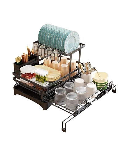 Dish Drying Rack,Extendable Dish Rack with Cutlery Holder, Anti-Rust Black Dish Racks for Kitchen Counter