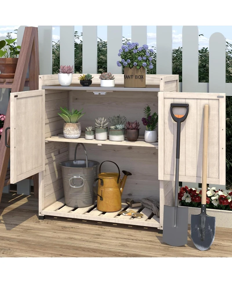Aecojoy Potting Bench, Outdoor Wooden Storage Cabinet with Adjustable Shelf, Metal Tabletop