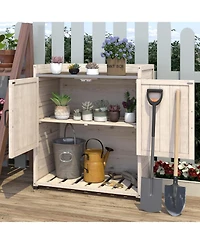 Aecojoy Potting Bench, Outdoor Wooden Storage Cabinet with Adjustable Shelf, Metal Tabletop