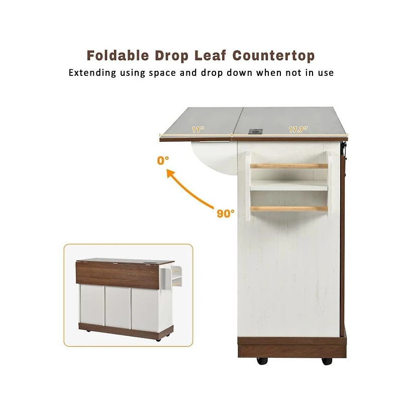 Maison Boucle 55.5" Farmhouse Kitchen Island with Drop Leaf, Barn Door, Power Outlet & Storage Drawers, Rolling Cart on Wheels-Maison Boucle