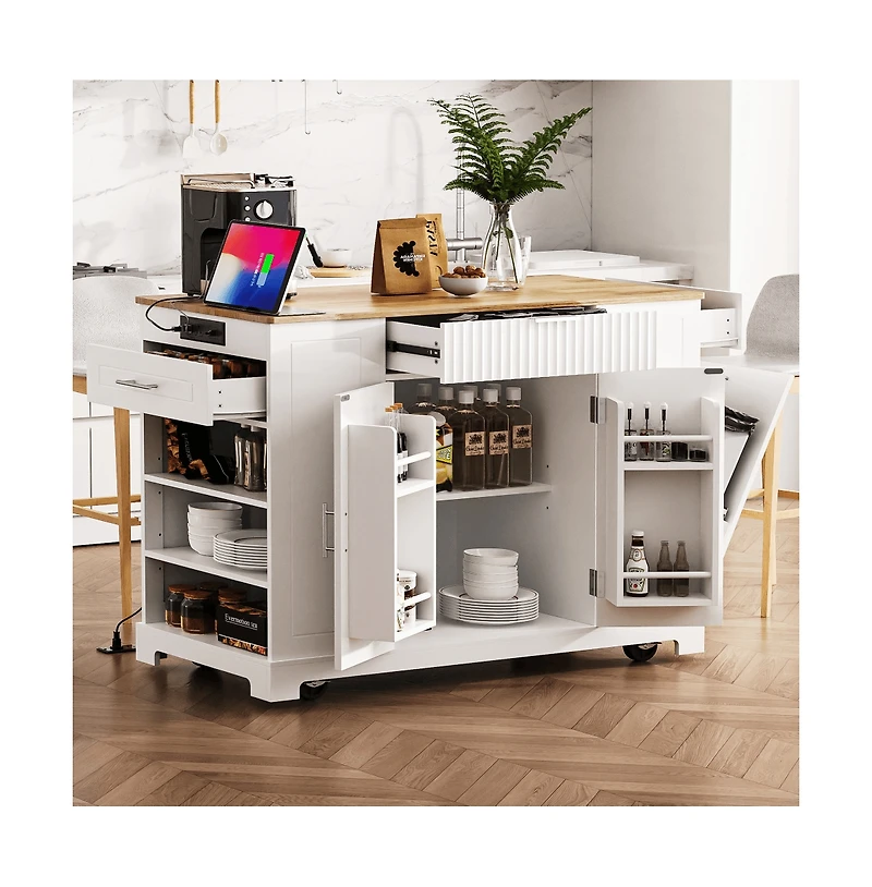 Rolling Kitchen Island with Trash Bin Cabinet, Power Outlet, 3 Drawers, Side Spice Racks, Solid Wood Top, Lockable Wheels-Maison Boucle