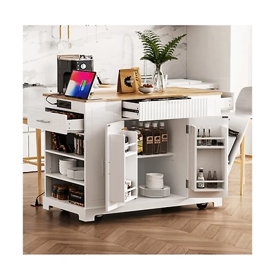 Rolling Kitchen Island with Trash Bin Cabinet, Power Outlet, 3 Drawers, Side Spice Racks, Solid Wood Top, Lockable Wheels-Maison Boucle