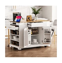 Rolling Kitchen Island with Trash Bin Cabinet, Power Outlet, 3 Drawers, Side Spice Racks, Solid Wood Top, Lockable Wheels-Maison Boucle