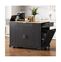 Rolling Kitchen Island with Trash Bin Cabinet, Power Outlet, 3 Drawers, Side Spice Racks, Solid Wood Top, Lockable Wheels-Maison Boucle