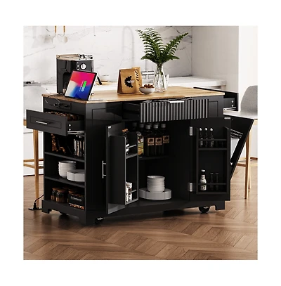 Rolling Kitchen Island with Trash Bin Cabinet, Power Outlet, 3 Drawers, Side Spice Racks, Solid Wood Top, Lockable Wheels-Maison Boucle