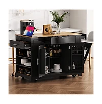 Rolling Kitchen Island with Trash Bin Cabinet, Power Outlet, 3 Drawers, Side Spice Racks, Solid Wood Top, Lockable Wheels-Maison Boucle