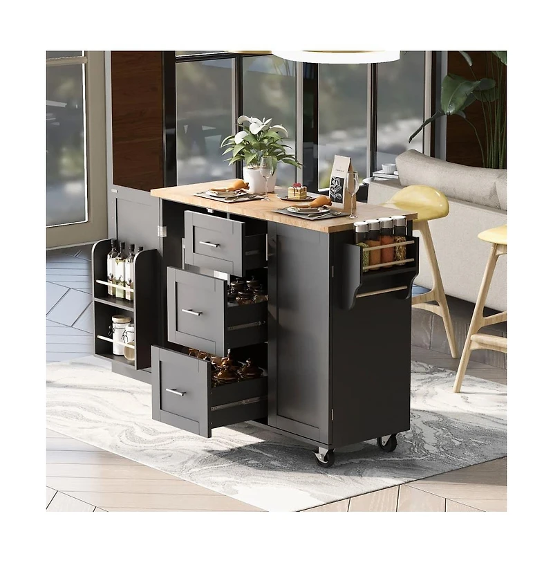 Maison Boucle 50" Rolling Kitchen Island with Rubber Wood Top, Slide-Out Shelves, 3 Drawers & Internal Storage Racks-Maison