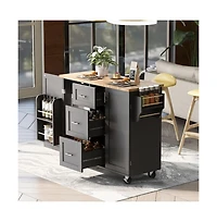 Maison Boucle 50" Rolling Kitchen Island with Rubber Wood Top, Slide-Out Shelves, 3 Drawers & Internal Storage Racks-Maison