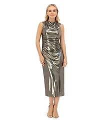 Vince Camuto Petite Side Ruche Foil Cowl Neck Midi Dress