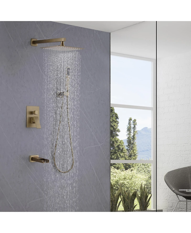 Greenspring Waterfall Spout Single Handle 3-Spray Square High Pressure Tub and Shower Faucet Brushed Nickel (Valve Included)