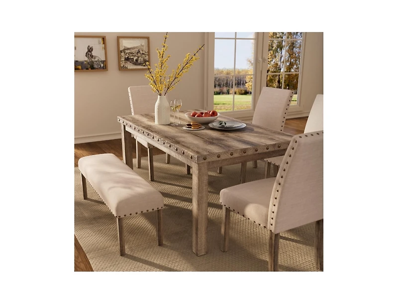 Dining Table Set for 6, 6 Piece Farmhouse Dining Set, Country Style Kitchen Table, 4 Upholstered Chairs & Bench