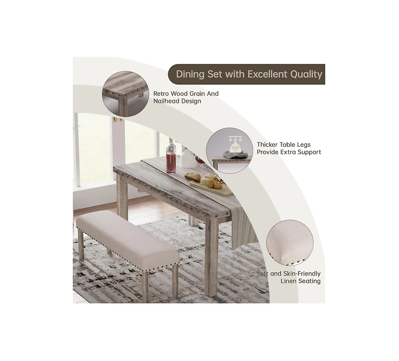 Morden Fort 3 Pieces Farmhouse Dining Room Set, Mid-Century Rectangular Wood Dining Table with 2 Upholstered Benches for Apartment Kitchen