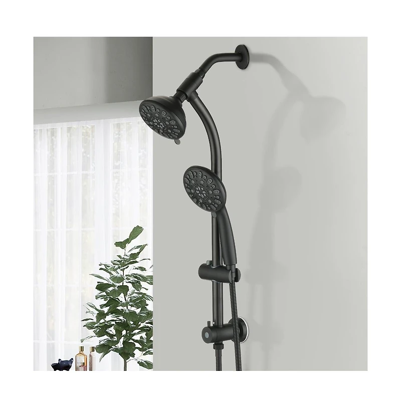 Rainsken Drill-Free Stainless Steel Slide Bar Combo Rain Showerhead 7-Setting Hand, Dual Shower Head Spa System