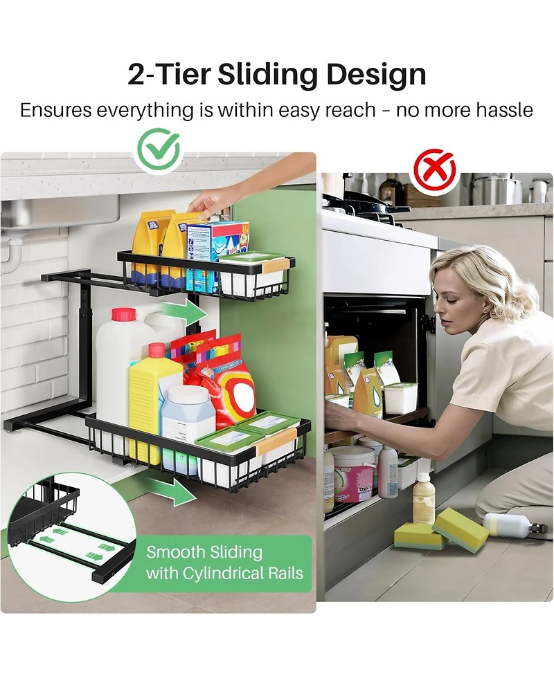 Under Sink Organizer, 2 Packs 2 Tier Under Sink Organizers and Storage, Slide Out Pull Out Cabinet Organizer Shelf, Metal Sliding Drawer for Kitchen B