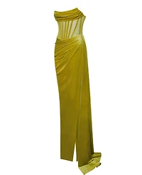 Miss Circle Women's Priya Gold Draping Corset High Slit Velvet Gown