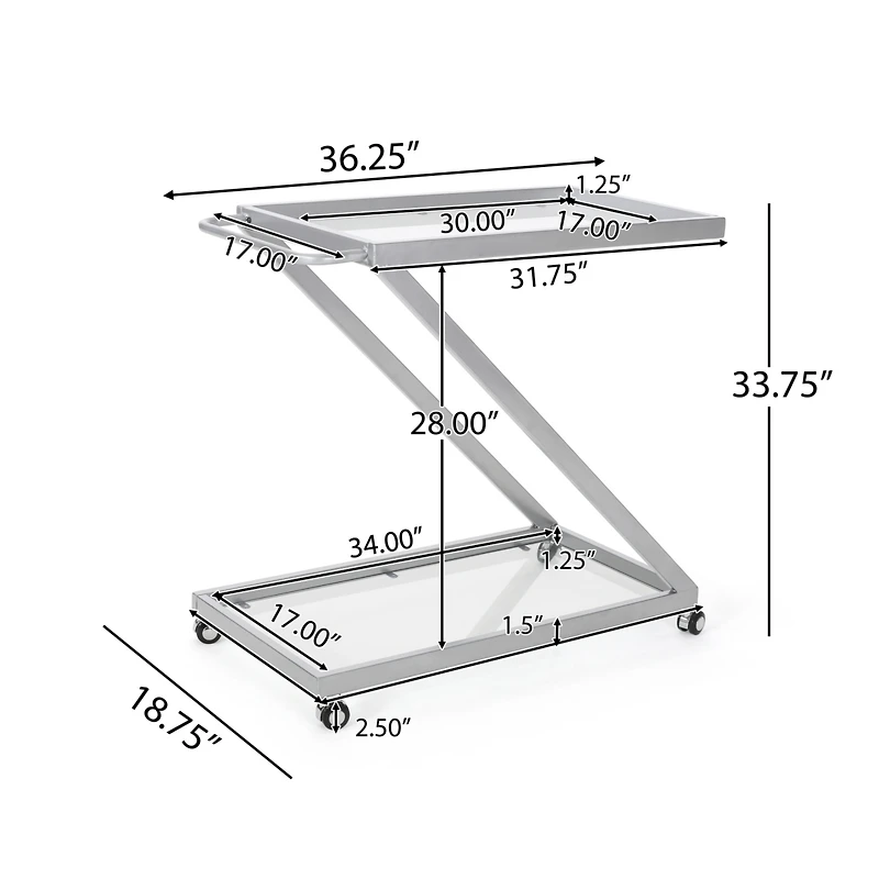Simplie Fun Modern Z-Shaped Bar Cart with Tempered Glass Shelves and Locking Casters