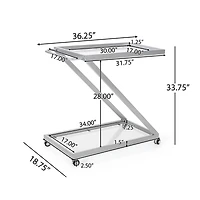 Simplie Fun Modern Z-Shaped Bar Cart with Tempered Glass Shelves and Locking Casters