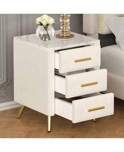 Streamdale Furniture Upholstered Nightstand - 3 Drawers, Metal Legs & Marbling Top