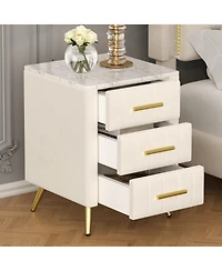 Streamdale Furniture Upholstered Nightstand - 3 Drawers, Metal Legs & Marbling Top