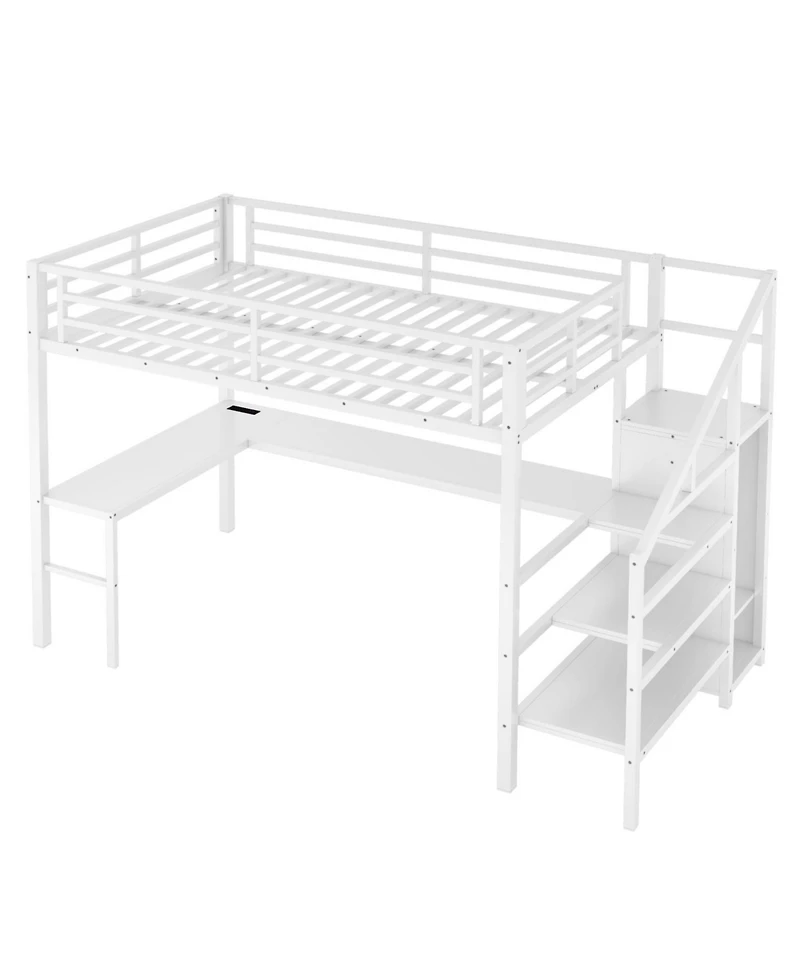 Streamdale Furniture Loft Bed with Desk Wardrobe Shelf & Led - White