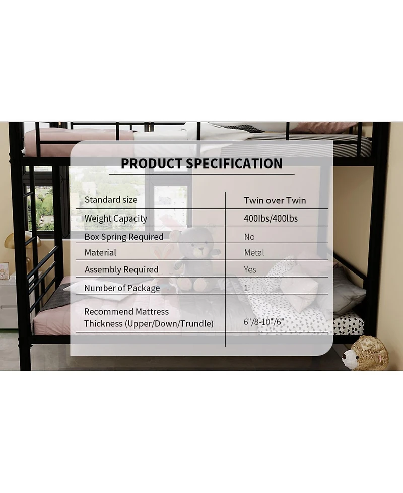 Streamdale Furniture Twin Over Twin Metal Bunk Bed with Ladders & Guardrail