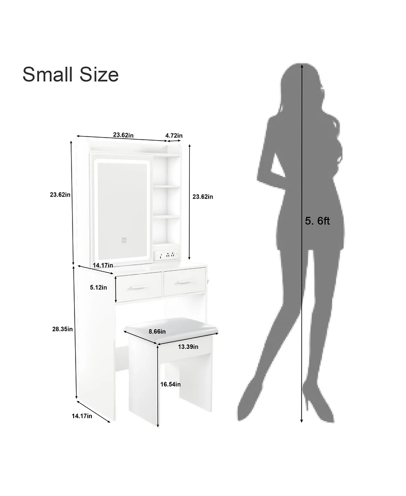 Streamdale Furniture Small Vanity Desk with Mirror Led Lights & Outlet - White
